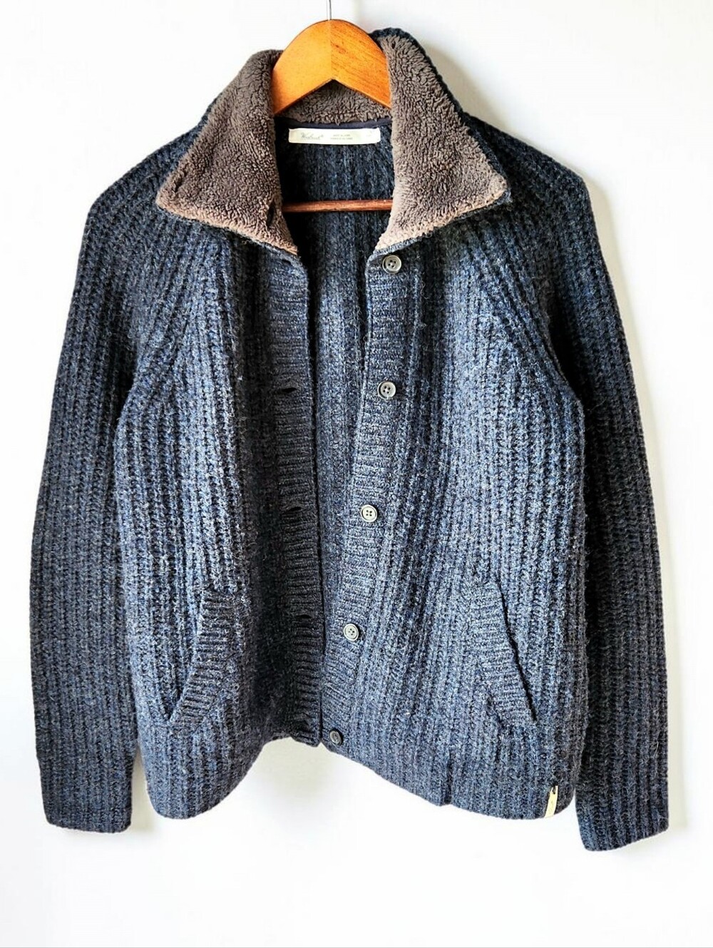 Woolrich Wool Navy Button Up Collared Cardigan Sweater Womens S Raglan Rib Knit